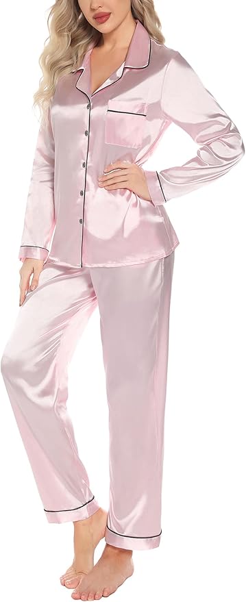 Women's Satin Pajama Set - Long Sleeve - 2 Piece