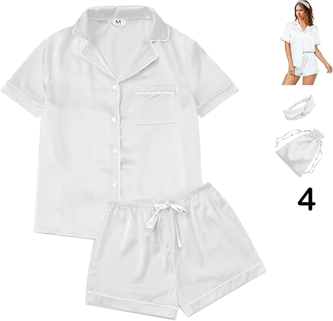 Satin Pajama Set - Short Sleeve - 4 Piece