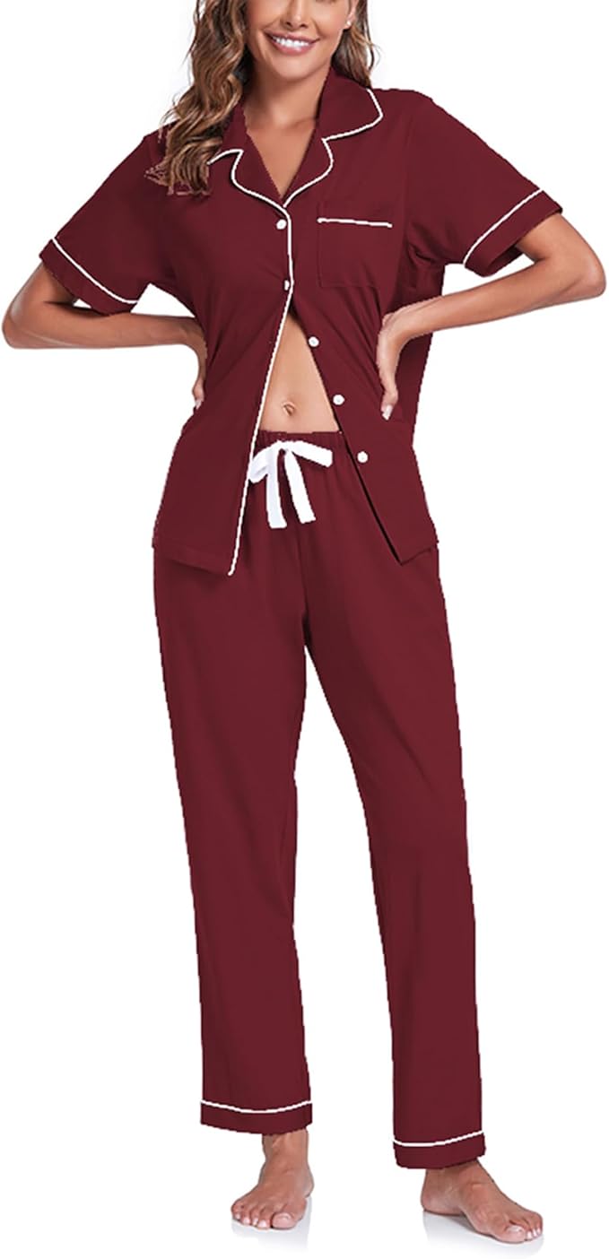 Women's 100% Cotton Pants Pajama Set - Short Sleeve - 2 Piece