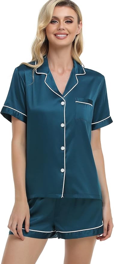 Women's Satin Pajama Set - Short Sleeve - 2 Piece