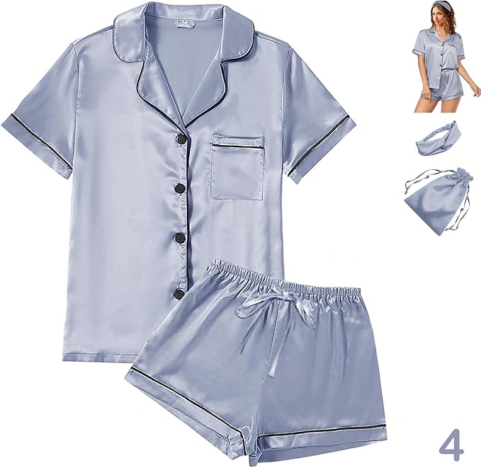 Satin Pajama Set - Short Sleeve - 4 Piece