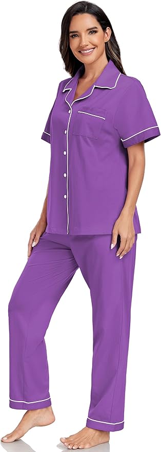Women's 100% Cotton Pants Pajama Set - Short Sleeve - 2 Piece