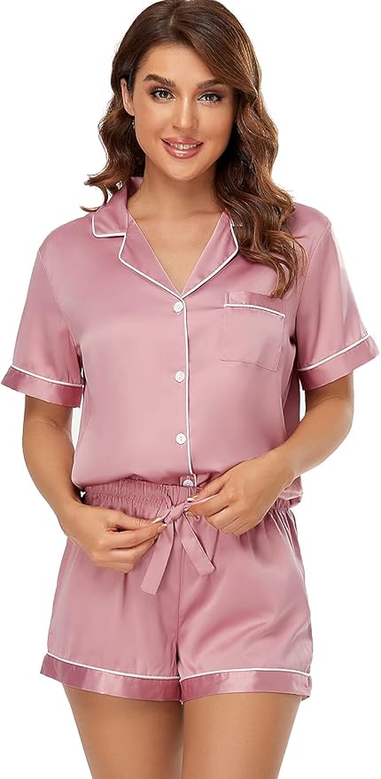 Women's Satin Pajama Set - Short Sleeve - 2 Piece
