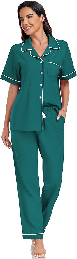 Women's 100% Cotton Pants Pajama Set - Short Sleeve - 2 Piece