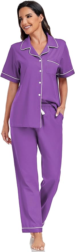Women's 100% Cotton Pants Pajama Set - Short Sleeve - 2 Piece