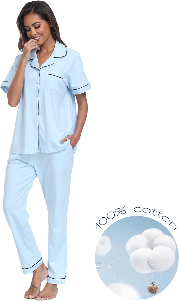 Women's 100% Cotton Pants Pajama Set - Short Sleeve - 2 Piece