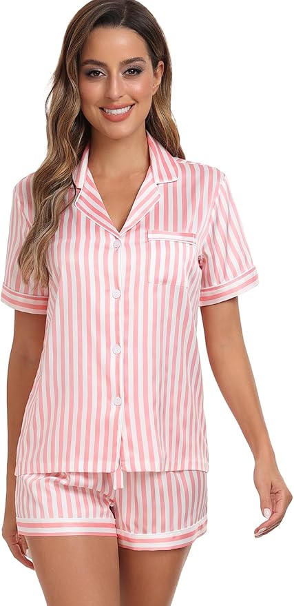 Women's Satin Pajama Set - Short Sleeve - 2 Piece