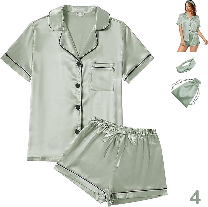 Satin Pajama Set - Short Sleeve - 4 Piece