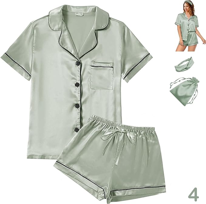 Satin Pajama Set - Short Sleeve - 4 Piece