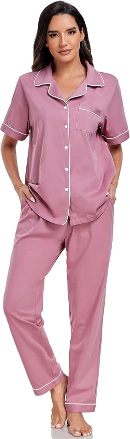 Women's 100% Cotton Pants Pajama Set - Short Sleeve - 2 Piece