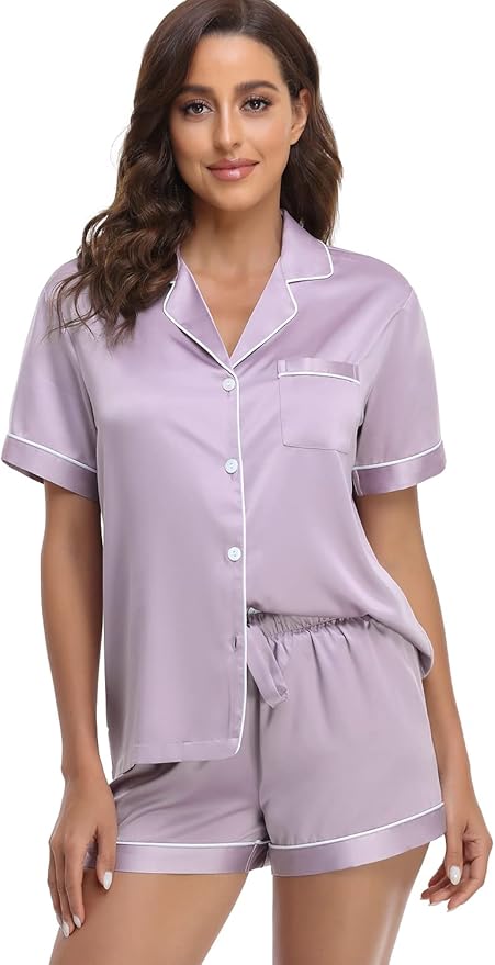 Women's Satin Pajama Set - Short Sleeve - 2 Piece