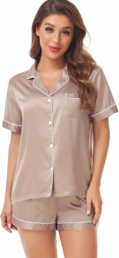 Women's Satin Pajama Set - Short Sleeve - 2 Piece