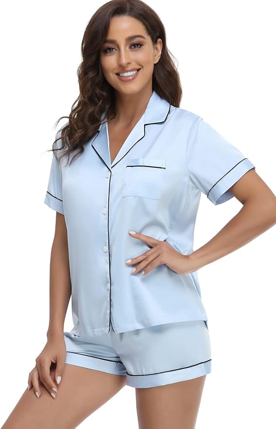 Women's Satin Pajama Set - Short Sleeve - 2 Piece