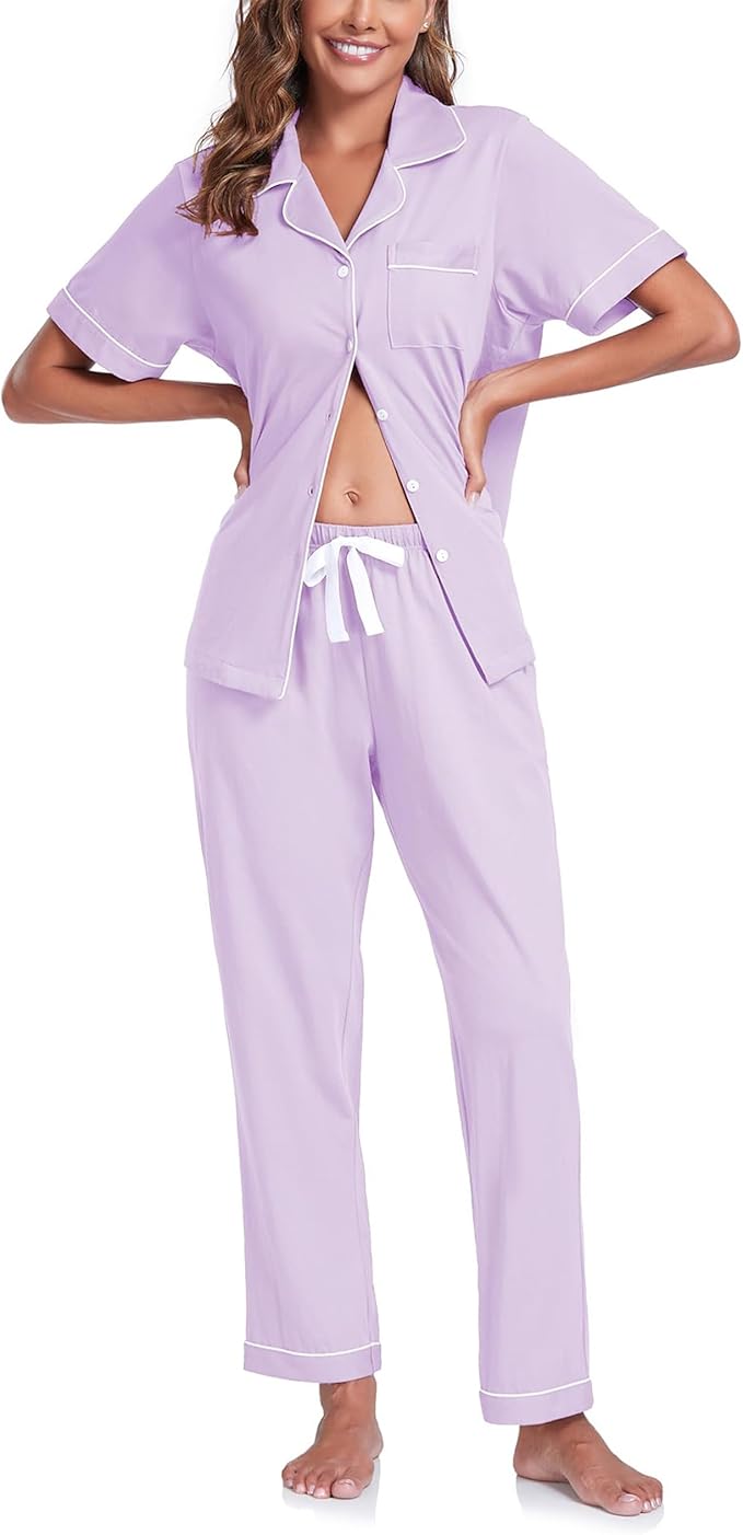 Women's 100% Cotton Pants Pajama Set - Short Sleeve - 2 Piece