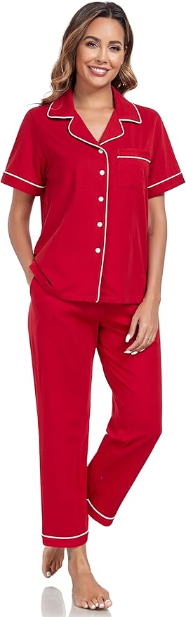 Women's 100% Cotton Pants Pajama Set - Short Sleeve - 2 Piece
