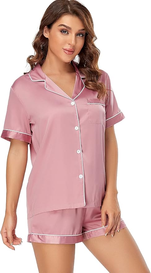 Women's Satin Pajama Set - Short Sleeve - 2 Piece