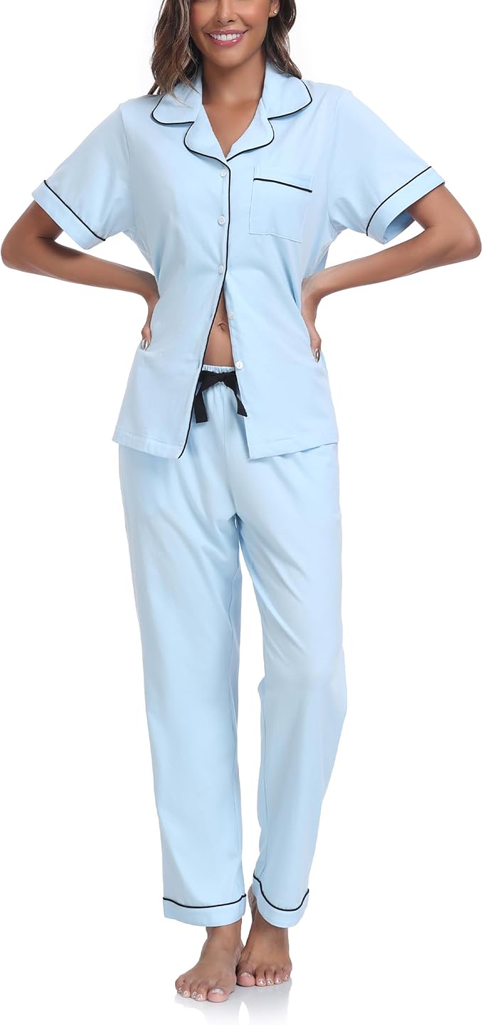 Women's 100% Cotton Pants Pajama Set - Short Sleeve - 2 Piece