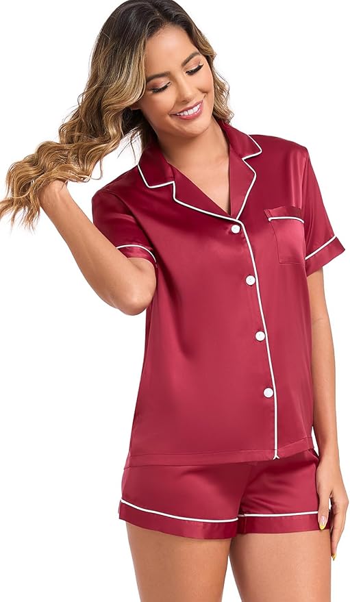 Women's Satin Pajama Set - Short Sleeve - 2 Piece