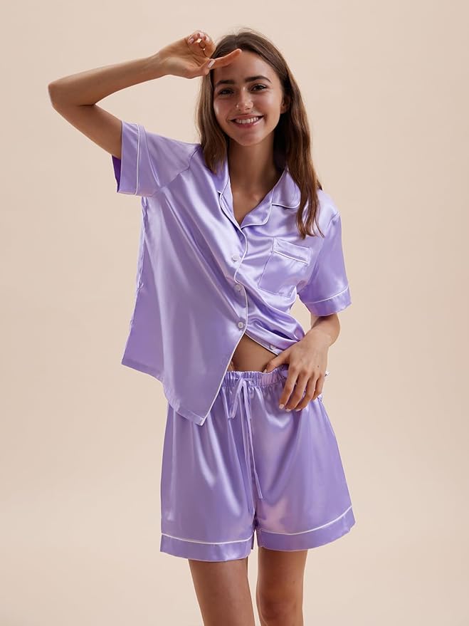 Women's Satin Pajama Set - Short Sleeve - 2 Piece