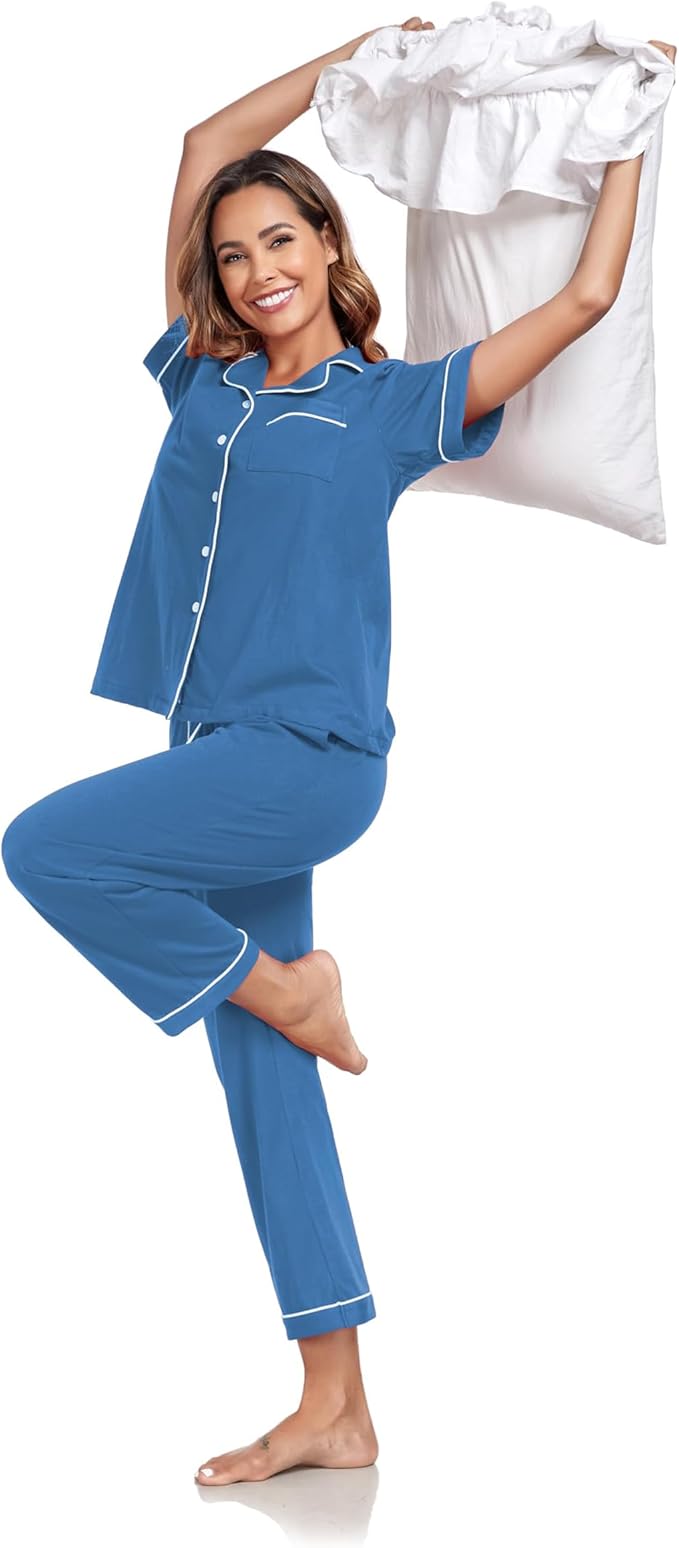 Women's 100% Cotton Pants Pajama Set - Short Sleeve - 2 Piece