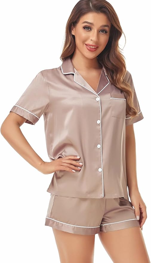 Women's Satin Pajama Set - Short Sleeve - 2 Piece