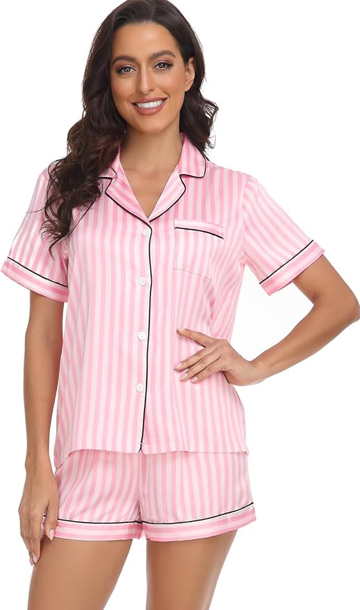 Women's Satin Pajama Set - Short Sleeve - 2 Piece