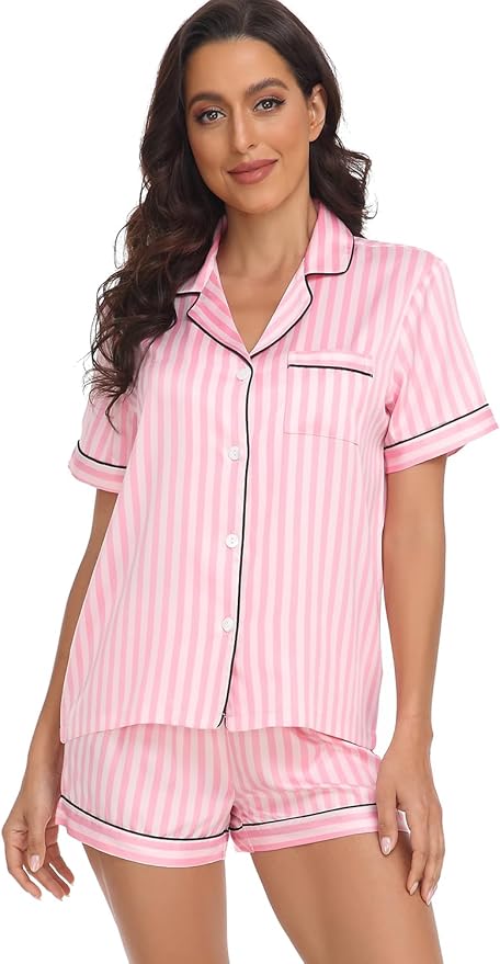 Women's Satin Pajama Set - Short Sleeve - 2 Piece