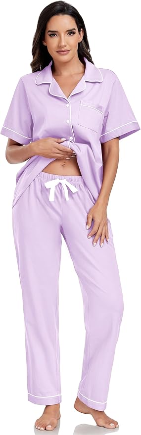 Women's 100% Cotton Pants Pajama Set - Short Sleeve - 2 Piece