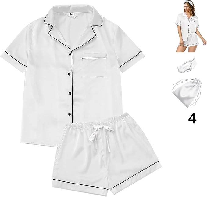 Satin Pajama Set - Short Sleeve - 4 Piece