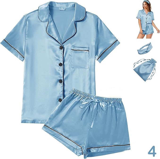 Satin Pajama Set - Short Sleeve - 4 Piece