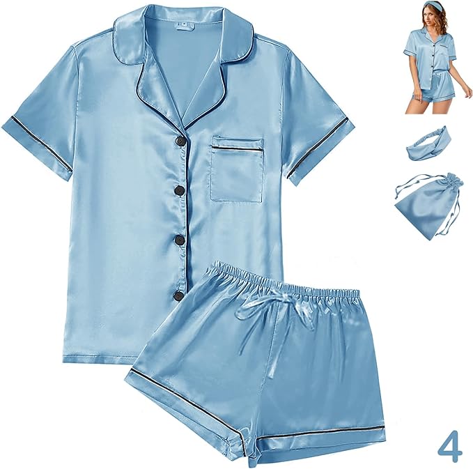 Satin Pajama Set - Short Sleeve - 4 Piece