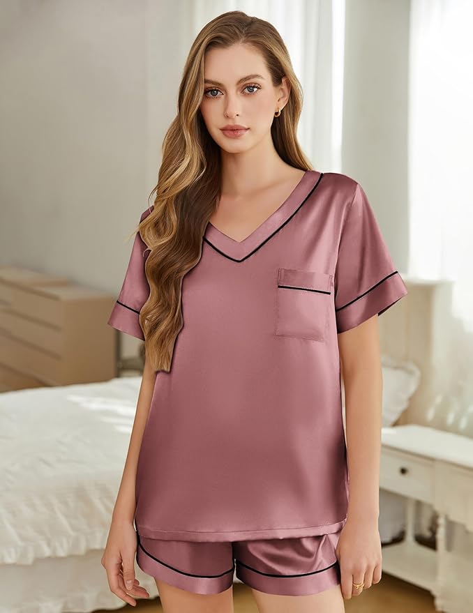 Women's Satin Pajama Set - Short Sleeve - 2 Piece