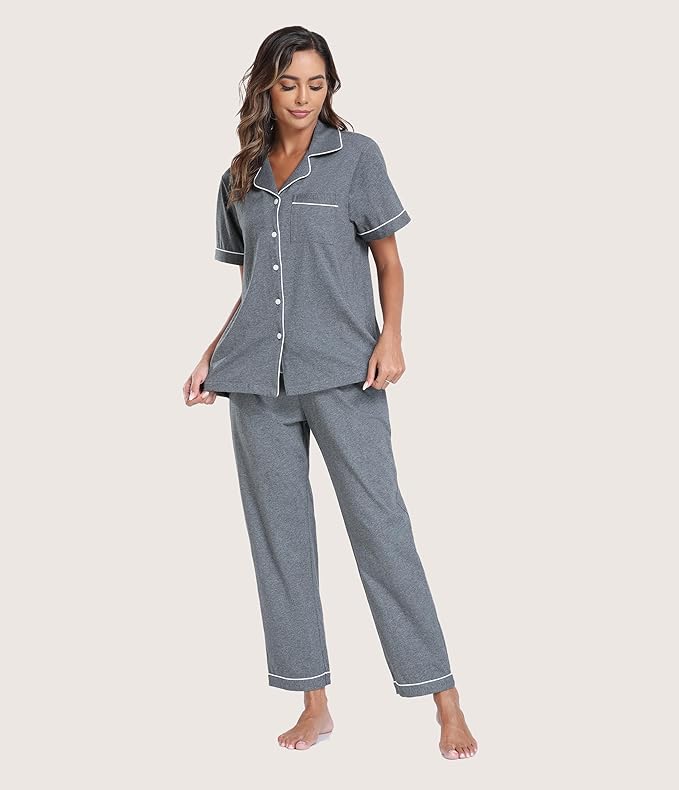 Women's 100% Cotton Pants Pajama Set - Short Sleeve - 2 Piece