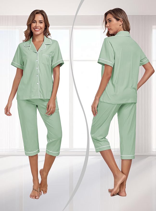 Women's 100% Cotton Capri Pajama Set - Short Sleeve - 2 Piece