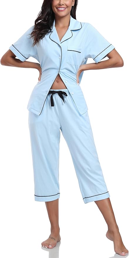 Women's 100% Cotton Capri Pajama Set - Short Sleeve - 2 Piece