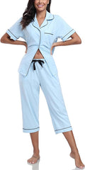 Women's 100% Cotton Capri Pajama Set - Short Sleeve - 2 Piece