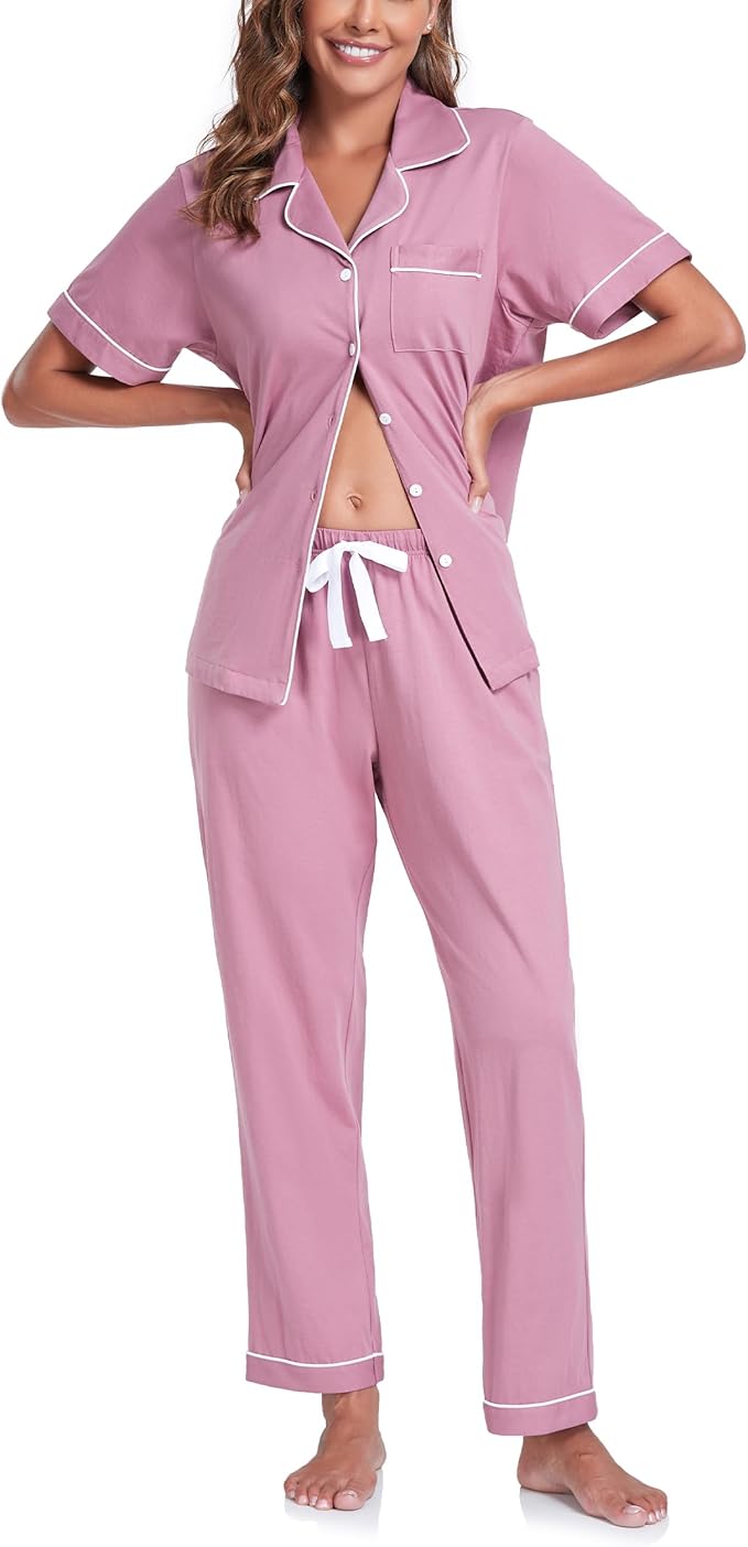 Women's 100% Cotton Pants Pajama Set - Short Sleeve - 2 Piece