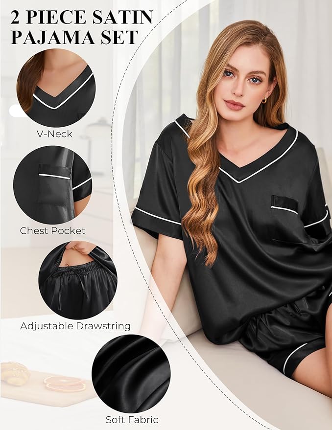 Women's Satin Pajama Set - Short Sleeve - 2 Piece