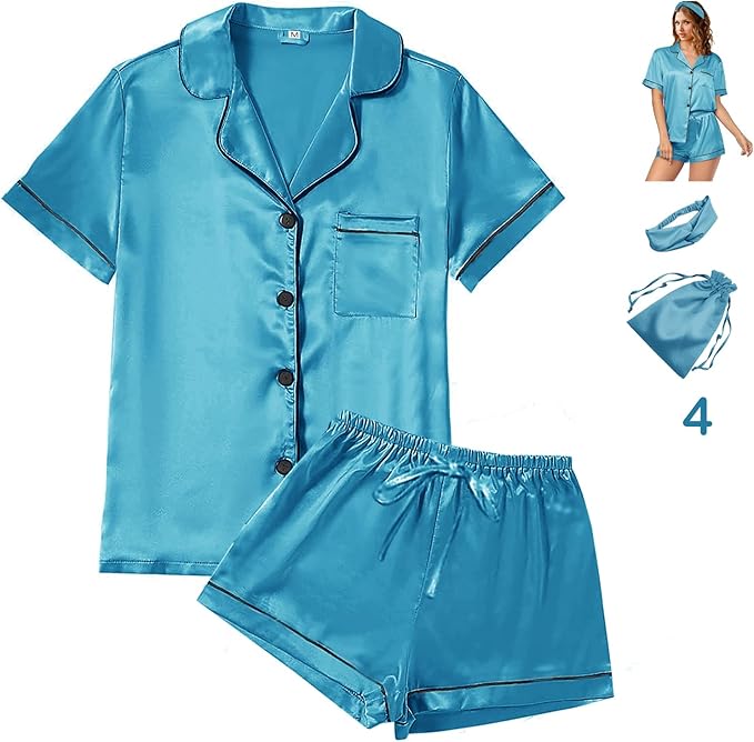 Satin Pajama Set - Short Sleeve - 4 Piece