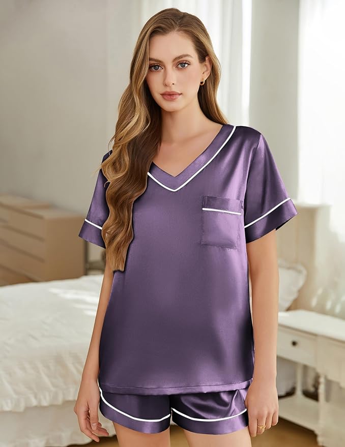 Women's Satin Pajama Set - Short Sleeve - 2 Piece