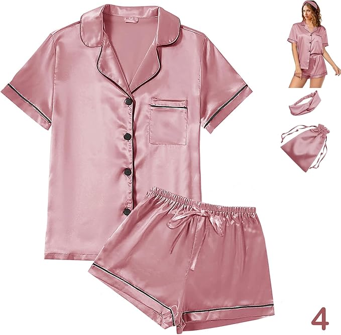 Satin Pajama Set - Short Sleeve - 4 Piece
