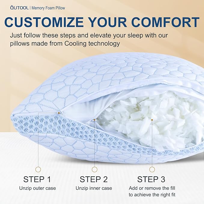 Memory Foam Cooling Bed Pillow - Queen - 2 Pack