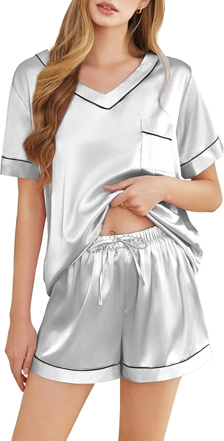 Women's Satin Pajama Set - Short Sleeve - 2 Piece