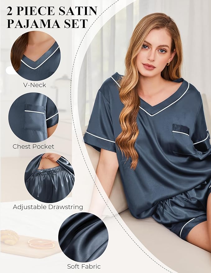 Women's Satin Pajama Set - Short Sleeve - 2 Piece