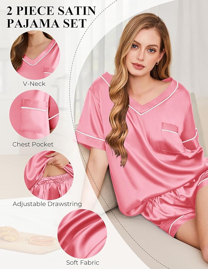 Women's Satin Pajama Set - Short Sleeve - 2 Piece