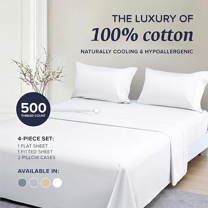 100% Cotton Bed Sheet Set - Queen - 4 Piece
