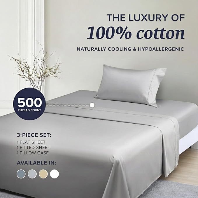 100% Cotton Bed Sheet Set - Twin - 3 Piece