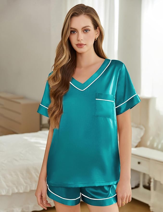 Women's Satin Pajama Set - Short Sleeve - 2 Piece