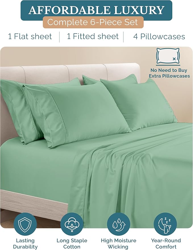 100% Cotton Bed Sheet Set - California King - 15 in Deep Pocket - 6 Piece