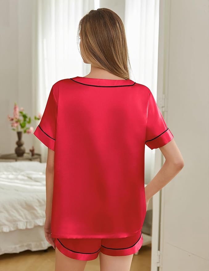 Women's Satin Pajama Set - Short Sleeve - 2 Piece